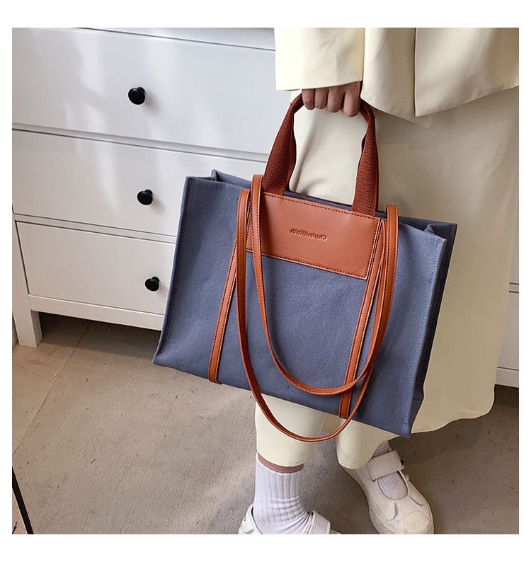 Borse tote da donna, semplici borse tote da donna con colori di tela a contrasto e tracolla singola di grande capacità._voghion.com