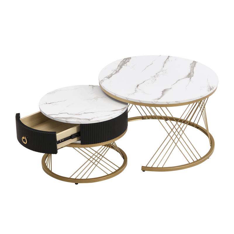 Ensemble de tables basses modulaires élégantes : aspect marbre avec touches dorées, tables d'appoint gigognes avec tiroirs – Ensemble 2 pièces_voghion.com