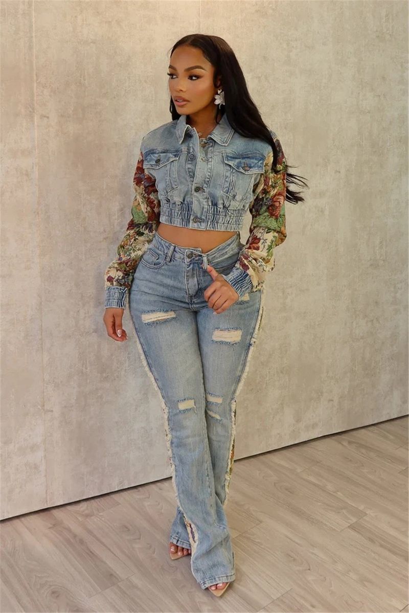 Moda feminina roupas estampadas cor combinando jaqueta jeans jeans terno de duas peças_voghion.com