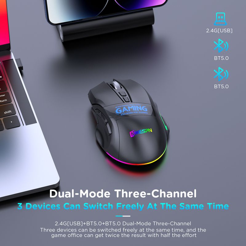 Mouse da gioco wireless Bluetooth a 9 tasti e doppia modalità 2.4G con personalizzazione macro, frequenza di polling di 1000 Hz, design ergonomico_voghion.com