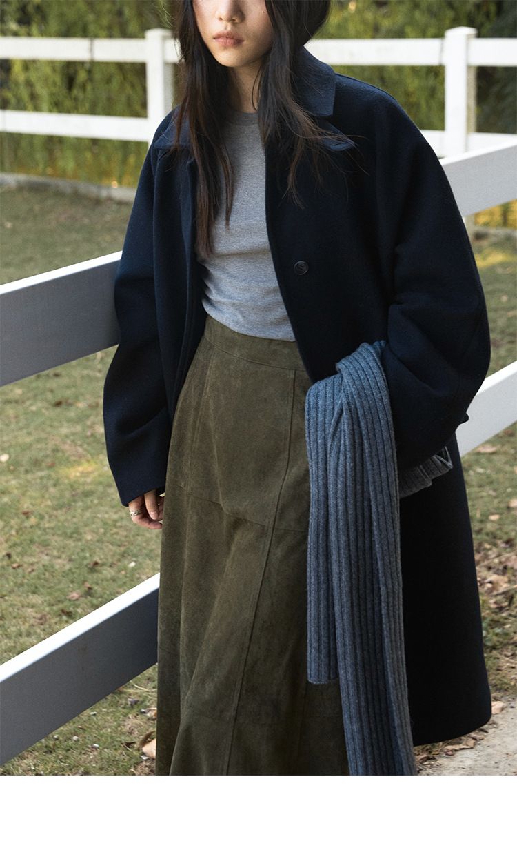 Gonna midi snellente GraceChic Simple Retro Time Machine in pelle scamosciata elegante e temperamento discreto, opaca, 02378_voghion.com