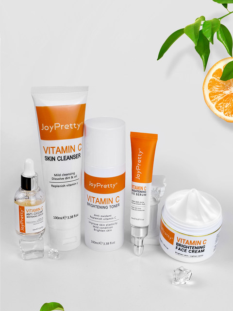 Joypretty vitamina c para clareamento facial, conjunto de cuidados com a pele de manchas escuras, creme de limpeza, hidratante, cremes para os olhos, kits de cuidados com a pele dos poros_voghion.com