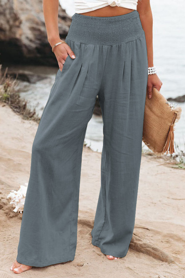 Pantalon long décontracté et polyvalent pour femme, coupe large, taille élastique, en coton, grande taille, printemps/été 2022_voghion.com