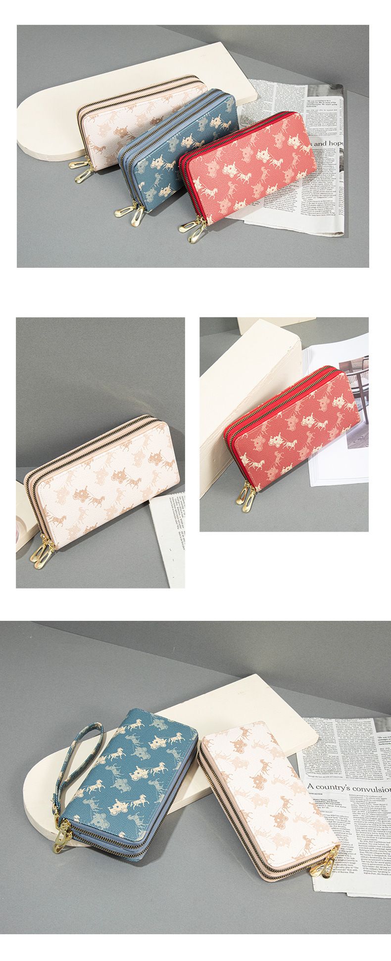 Portfel damski z podwójnym zamkiem błyskawicznym, długi, duża pojemność, dwuwarstwowy portfel, drukowana kopertówka, torba na telefon komórkowy_voghion.com