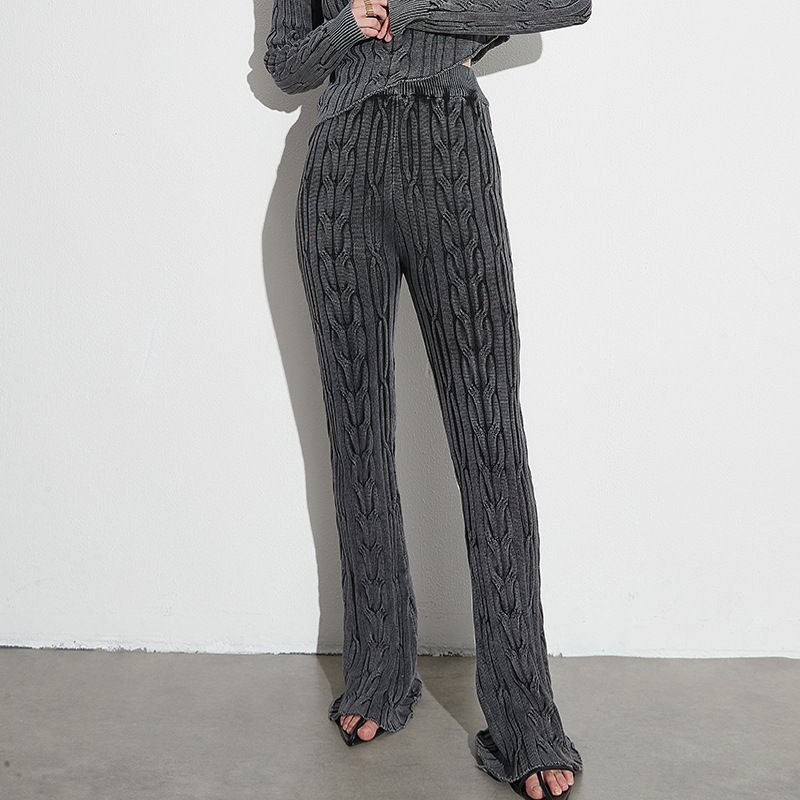 Pantaloni lunghi intrecciati in maglia elastica a vita media, stile retrò, autunno inverno 2025, nuovi, tinta unita_voghion.com