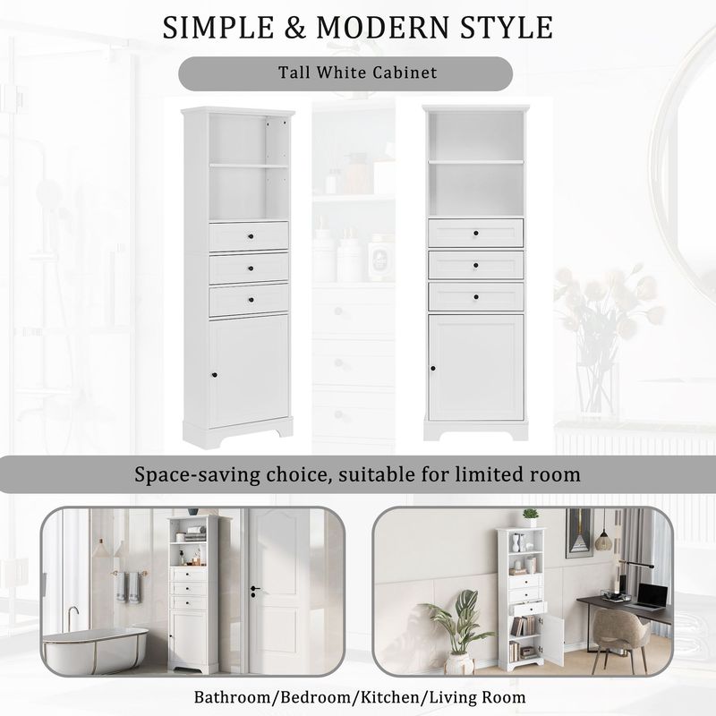 White Tall Storage Cabinet With 3 Drawers And Adjustable Shelves For Bathroom, Kitchen And Living Room, MDF Board With Painted Finish_voghion.com