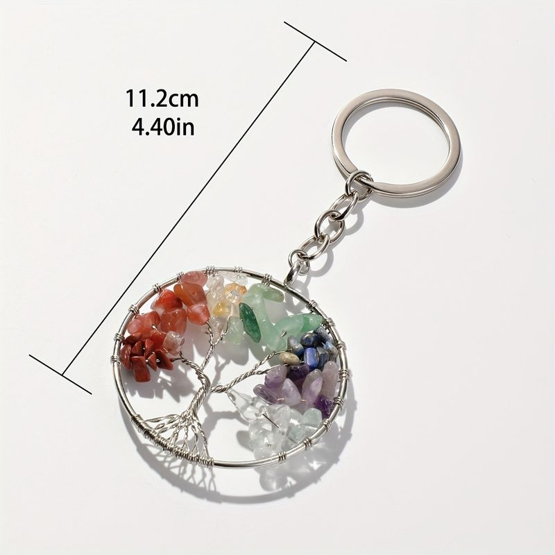 Llavero vintage con árbol de la vida de cristal de grava natural de 7 colores, redondo, colgante para bolso_voghion.com