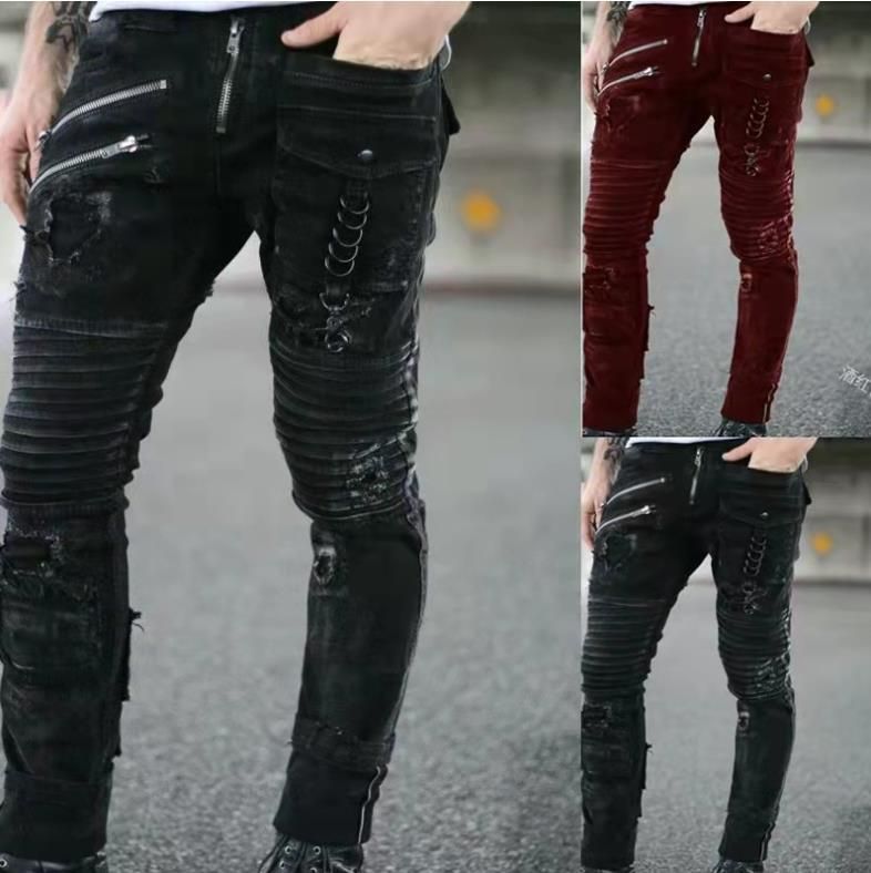 Natale, Ringraziamento, Halloween, San Valentino, Sconti all'ingrosso 2025, Nuovi jeans elasticizzati e aderenti da uomo in stile motociclista_voghion.com