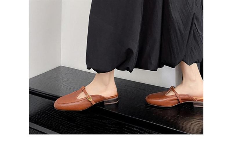 Flat Bottomed 2025 Summer New Baotou Slippers Soft Leather Women's Shoes With Thick Heels And A Straight Strap For_voghion.com