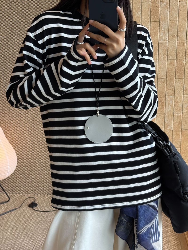 Autumn New Korean Style Fashionable Lazy Round Neck Wide Thick Striped Long Sleeve T-Shirt Comfortable Casual Top For_voghion.com