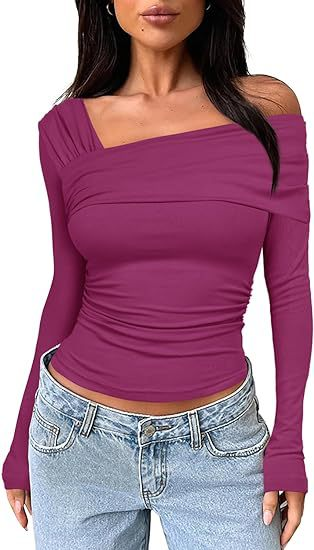 Camicetta da picnic monospalla a maniche lunghe con volant, camicia slim Y2K da donna_voghion.com