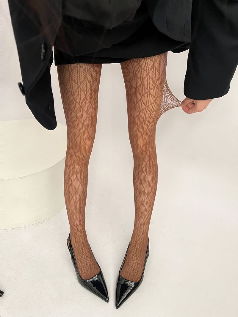Calze di seta, romantiche calze a rete verticali con pizzo a rombi, stile Pure Desire, bianche, collant anti-inceppamento_voghion.com