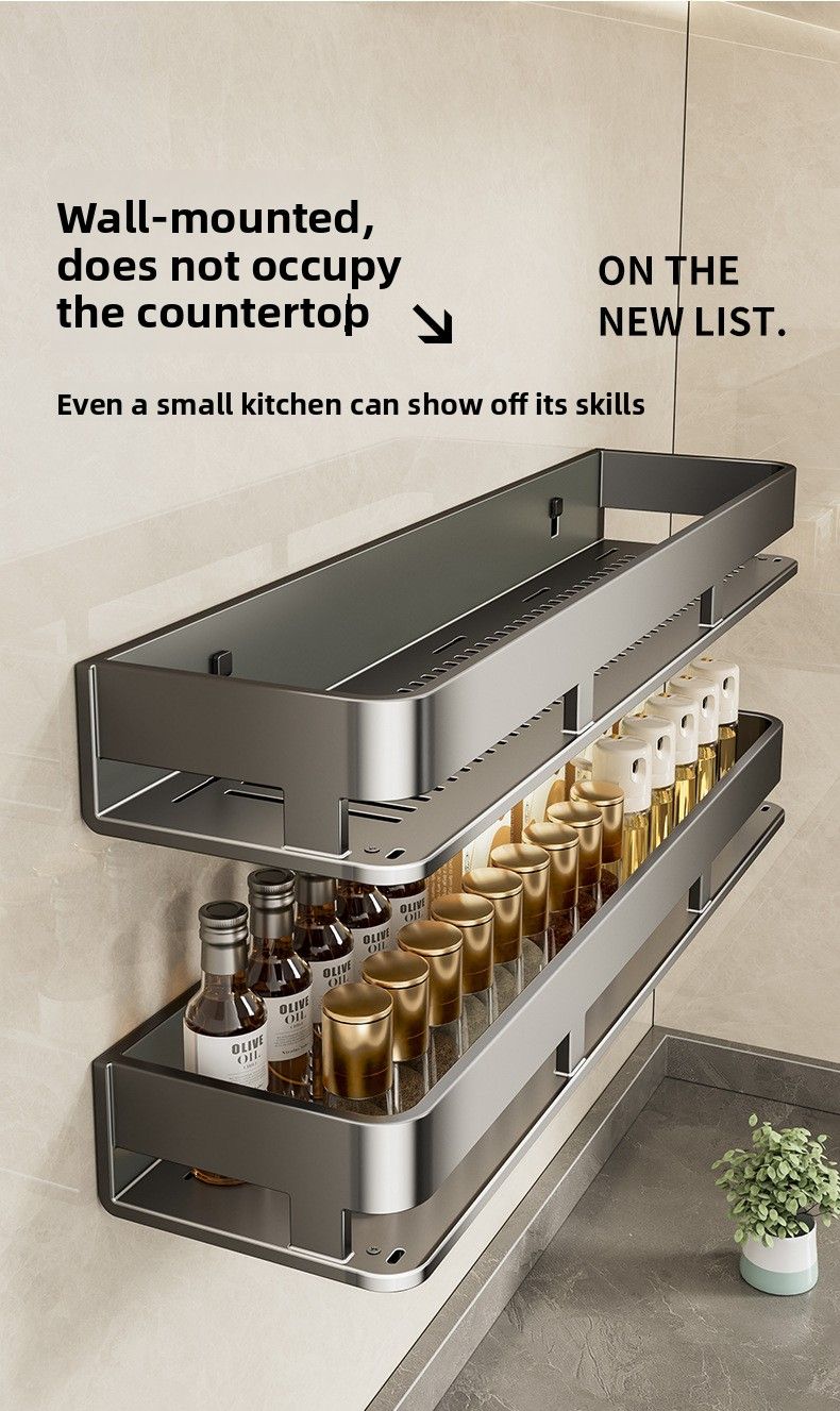 Kitchen Storage Multi-Functional No-Drill Seasoning Rack Wall-Mounted Spice Jar Organizer Shelf_voghion.com