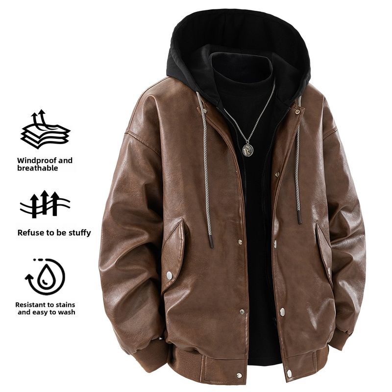 Veste en simili cuir PU à capuche deux pièces pour homme, style cycliste et moto, style rétro américain nostalgique coréen_voghion.com