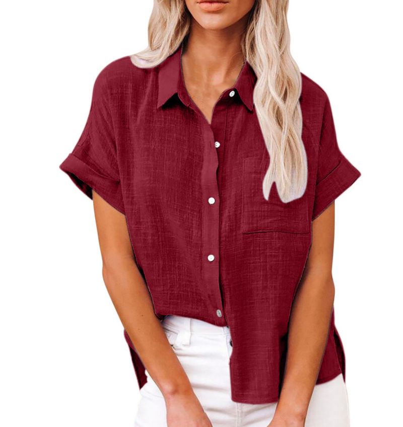 Abbigliamento da donna, nuova camicia casual a maniche corte, ampia, da donna, tinta unita, con bottoni in lino_voghion.com