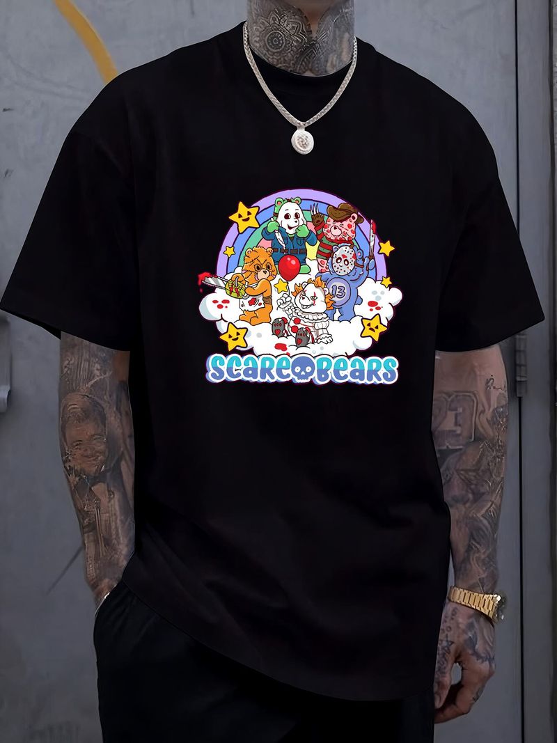 Maglietta con orsetti spaventosi e divertenti facce horror di Halloween, personaggi dei film horror, abbigliamento di design, top alla moda per l'uso quotidiano, abbigliamento da strada da uomo_voghion.com