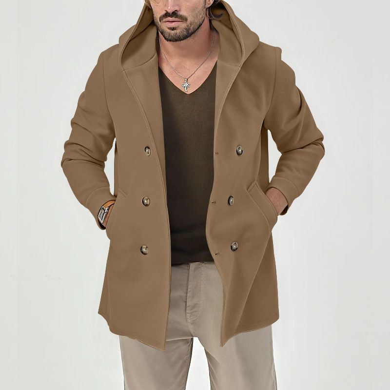 Men's Stylish Trench Coat With Double Breasted Design, Mid-Length Cotton Blend Jacket For Spring & Autumn, Slim Fit Casual Coat_voghion.com