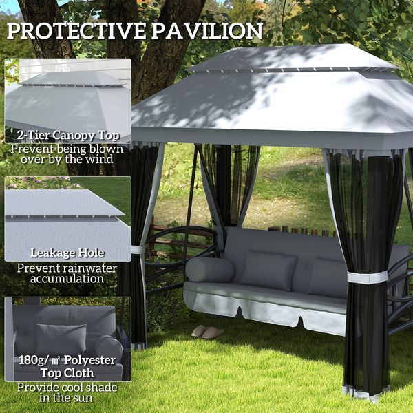 3-Seat Patio Swing Chair With Double Tier Canopy, Porch Swing Chair With Stand, Mesh Sidewalls, Cushioned Seat And Pillows, Gray_voghion.com