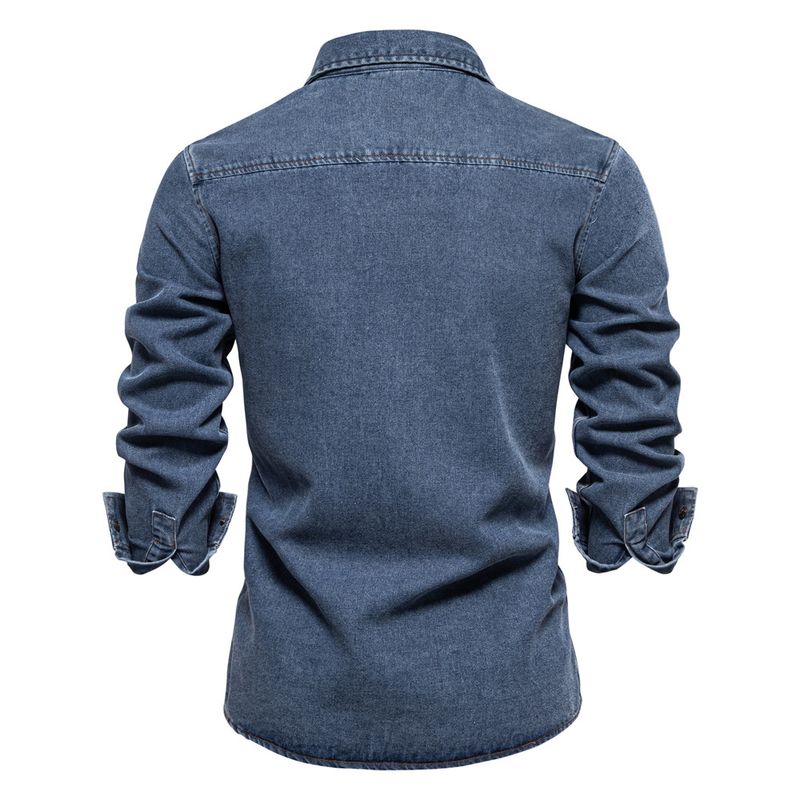 Herbst Neue Trend Europäischen Denim Herren Casual Einfarbig Baumwolle Langarm Gewaschen Hemd_voghion.com