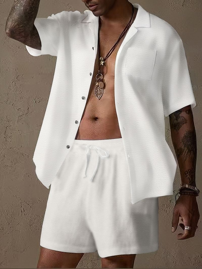 Camicia da uomo estiva da uomo, in cotone e lino, tinta unita, ampia e casual, con bottoni, a maniche corte_voghion.com