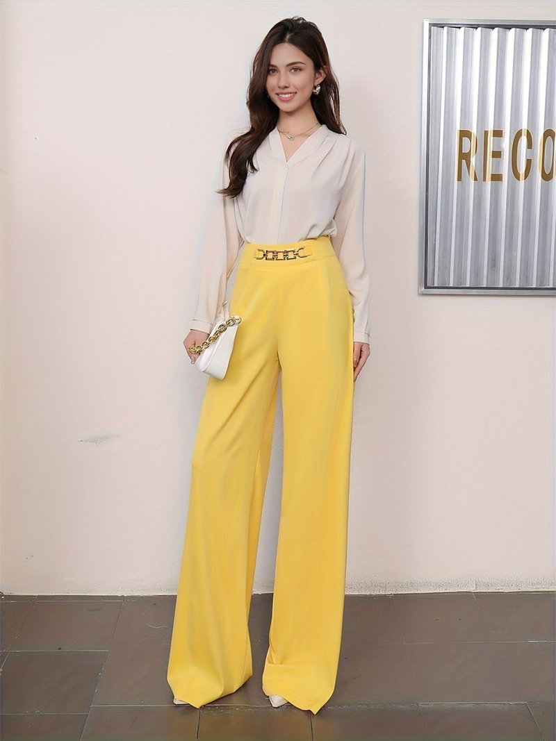 Women's solid color vertical fashion wide leg pants long dress pants suit pants_voghion.com