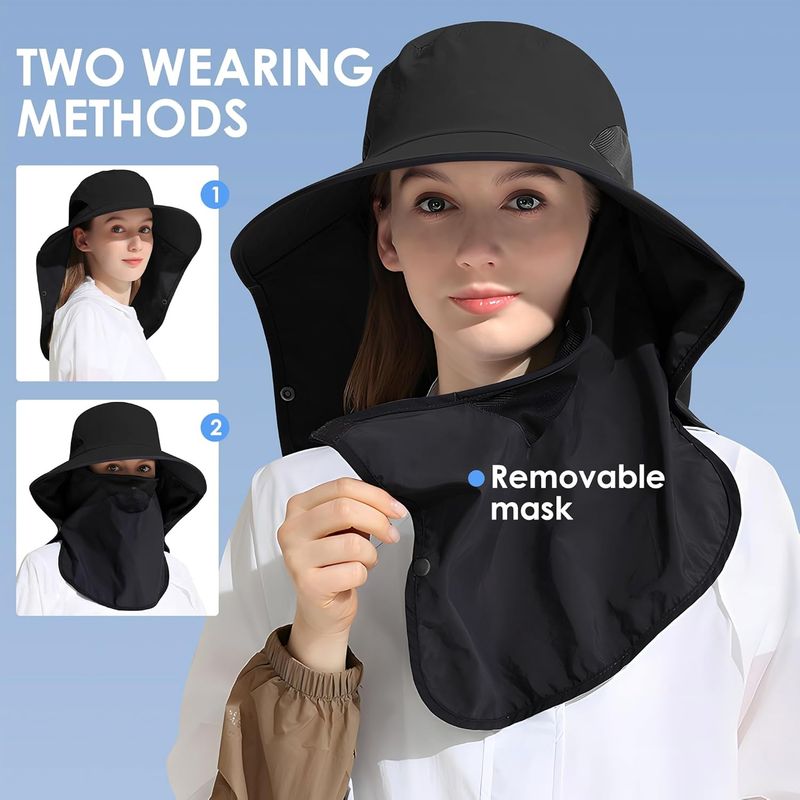 Outdoor Sun Hat Detachable Neck Face Flap UPF 50+UV Protection Visor Fishing Hats With Neck Flap For Men & Women_voghion.com