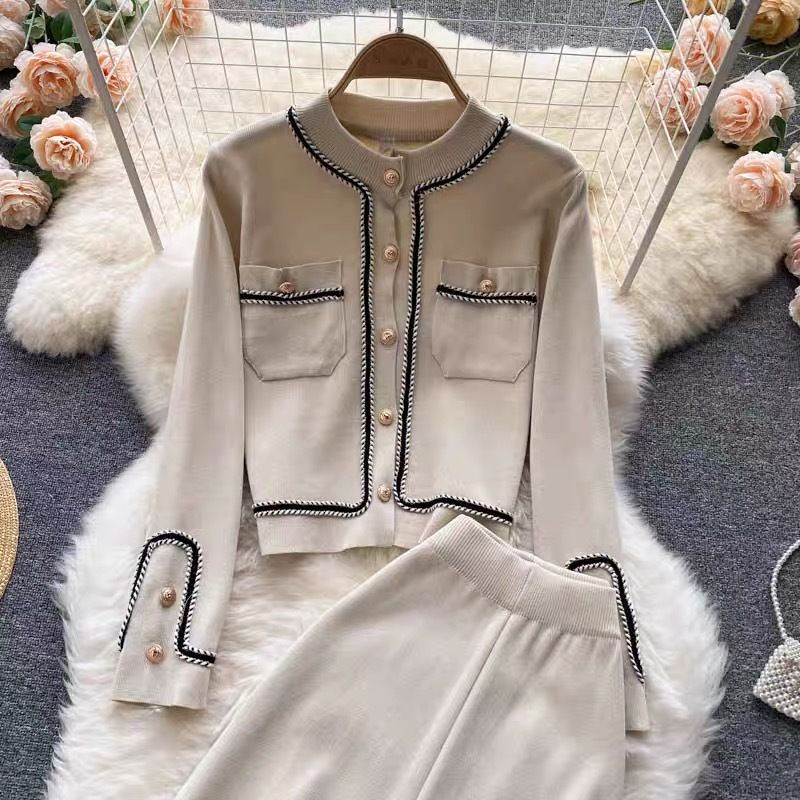 Women's Clothing Fashion suit for women autumn new breasted cardigan, sweater, high waist wide leg pants, knitted two piece suit_voghion.com