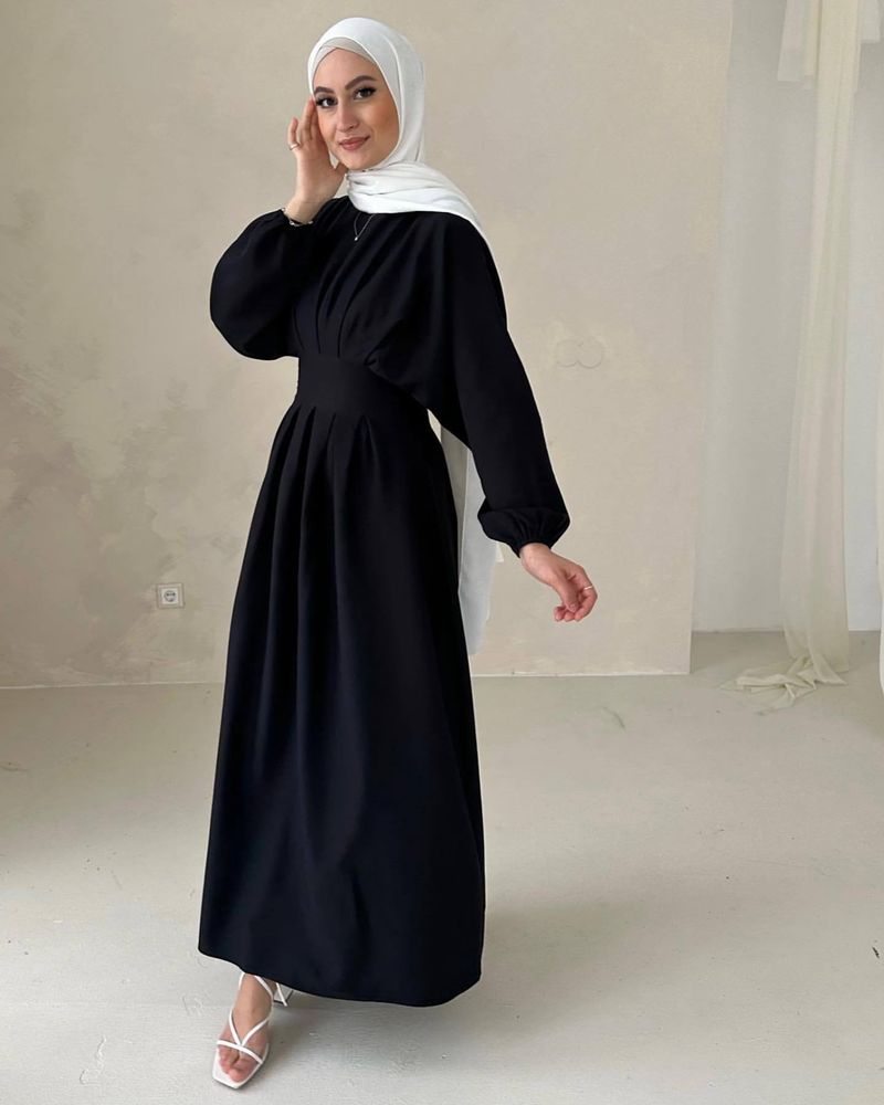 Abbigliamento donna Medio Oriente Turchia Dubai Abito tinta unita con maniche a palloncino Lr728_voghion.com