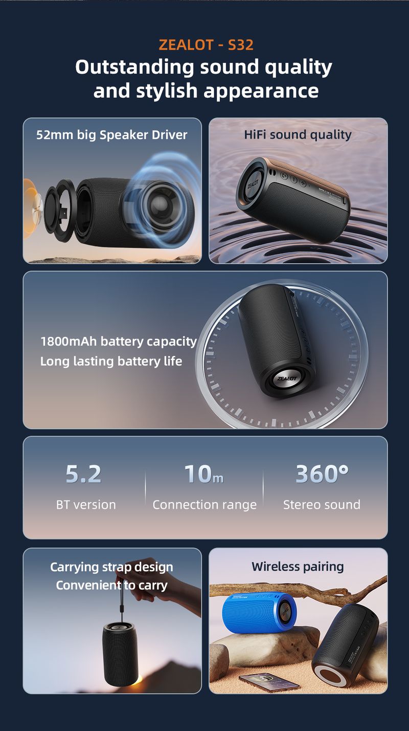 ZEALOT-S32 Wireless Bluetooth Mini Portable HIFI Subwoofer Speaker FM Radio Column Compatible With TF, TWS, USB Flash_voghion.com