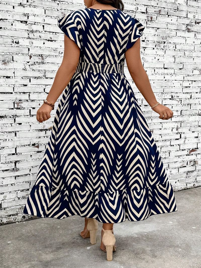 Damenbekleidung Frühling und Sommer Große Größe Beliebtes gestreiftes Kleid Taille Abnehmen Knielanges Kleid_voghion.com