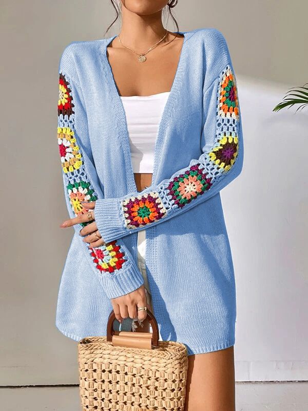 Women's Clothing Front Open Crochet Insert Hand Crochet Colorful Hook Flower Drop Shoulder Bohemian Casual Cardigan Knit Sweater_voghion.com
