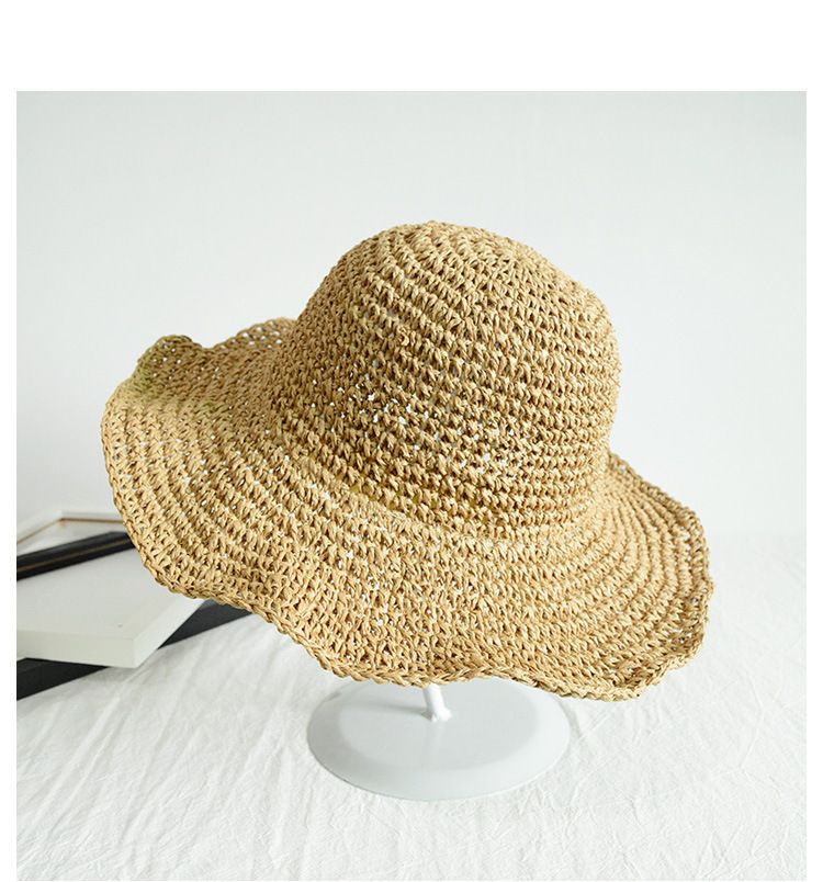 Chapeau de paille tissé à la main en crochet de couleur unie pliable et polyvalent, version coréenne, pour femme, protection solaire d'été, chapeau de soleil pour vacances à la plage_voghion.com
