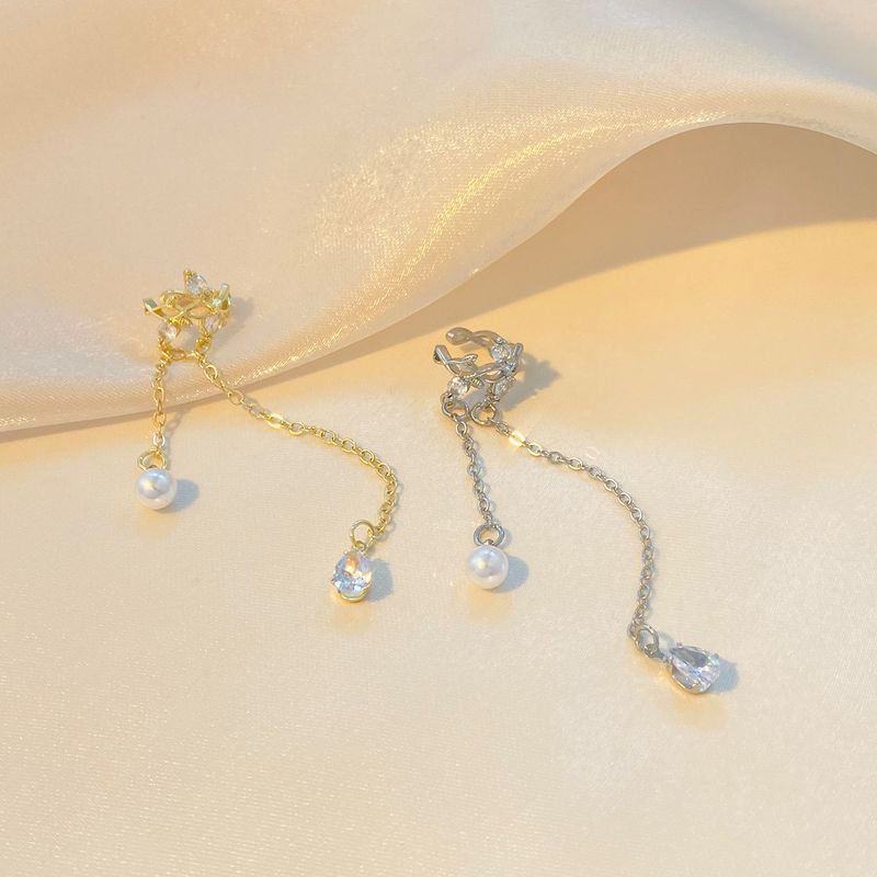 Vintage Vine tassel ear bone clip female fashion temperament niche zircon pearl ear clip without pierced light luxury earrings_voghion.com