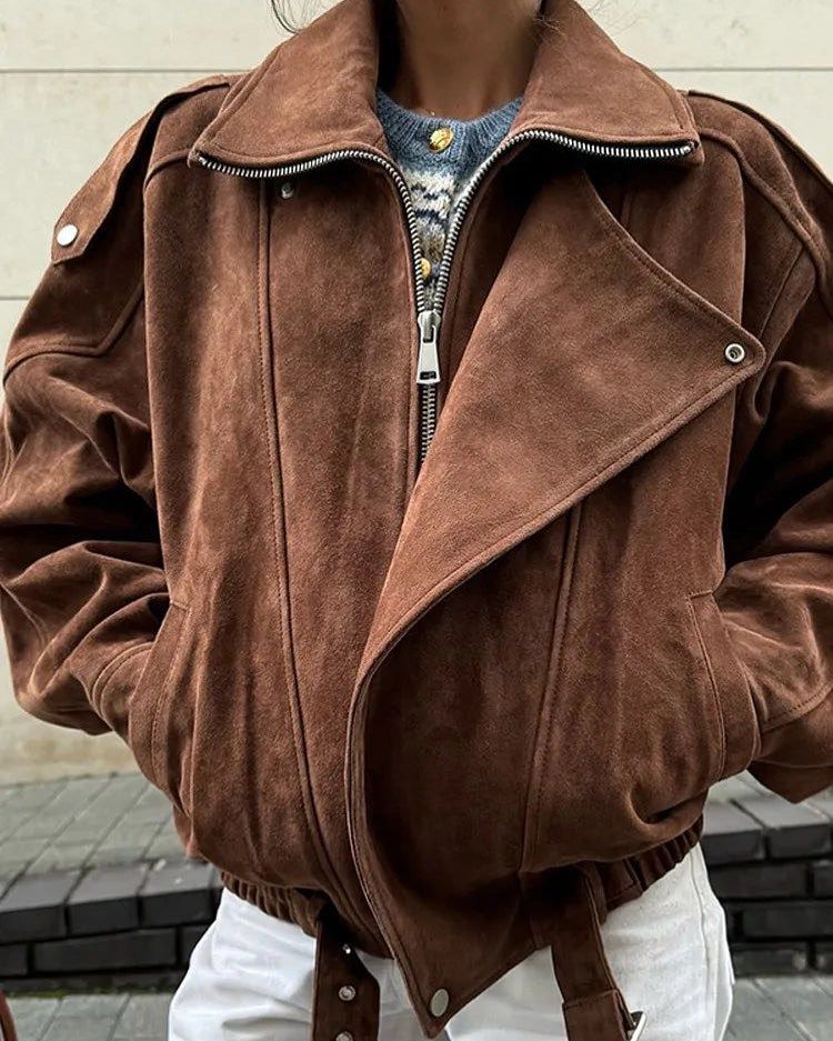 Stylish Short Biker Jacket For Women - Trendy Casual Outerwear With Stand Collar & Zipper Closure, Polyester Fabric, Slim Fit, Dark Brown_voghion.com