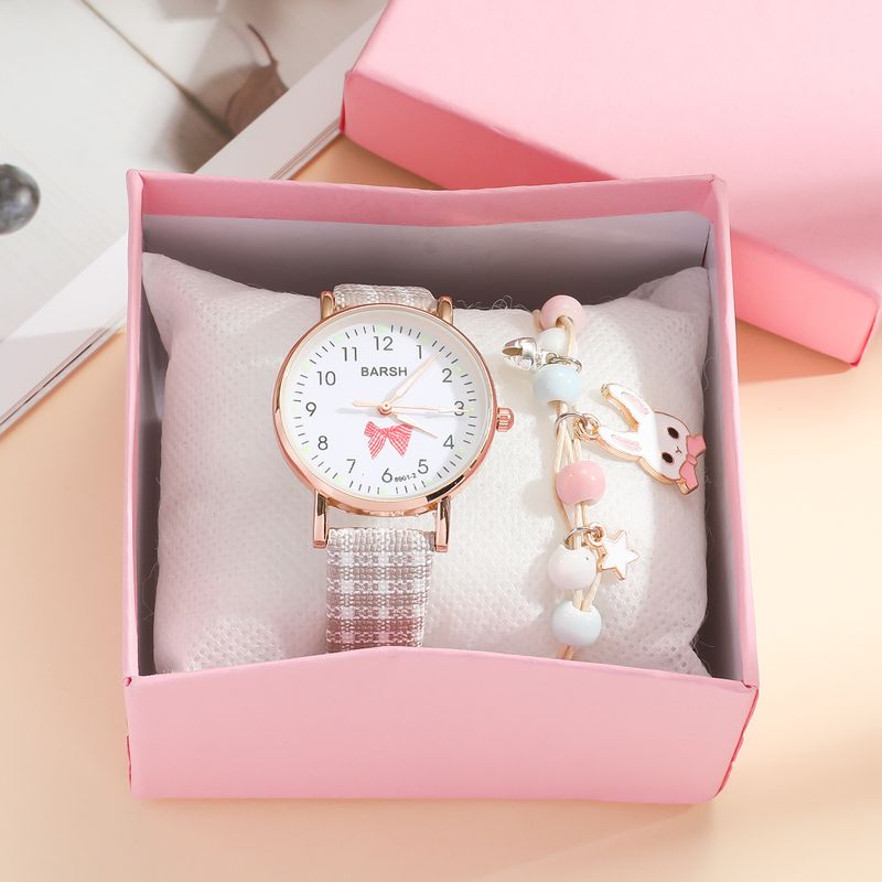 Girls' new watch set: simple and versatile patterned leather belt quartz watch + cute bunny beaded bracelet_voghion.com