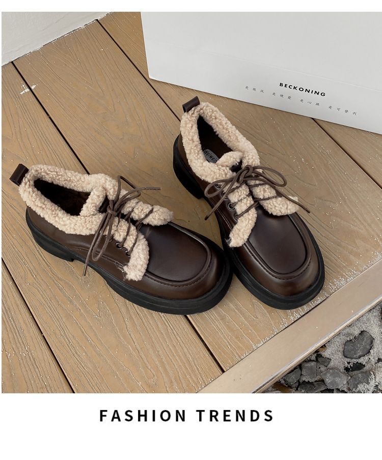 Platform Loafers Women's Retro British Style Single Shoes Women's Lace-up Plush And Furry Small Leather Shoes_voghion.com