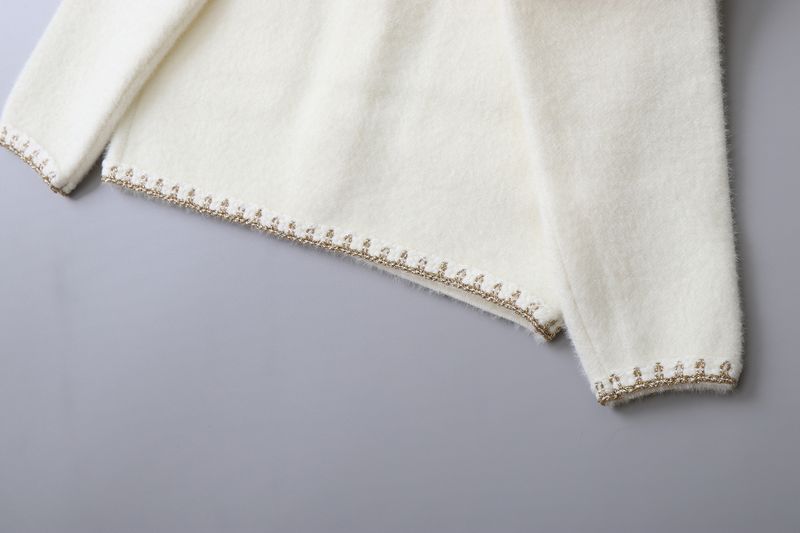 Pull en tricot doux imitation vison pour mère et enfant, cardigan d'hiver confortable avec col montant et manches longues rayées pour grands enfants (120-160 cm) - Crème/Noir_voghion.com