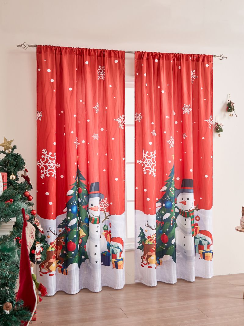Christmas Print Curtains – Semi-Sheer Holiday Window Decor With Festive Snow Scene & Gift Patterns (140x220cm, Polyester, Ready-to-Hang)_voghion.com