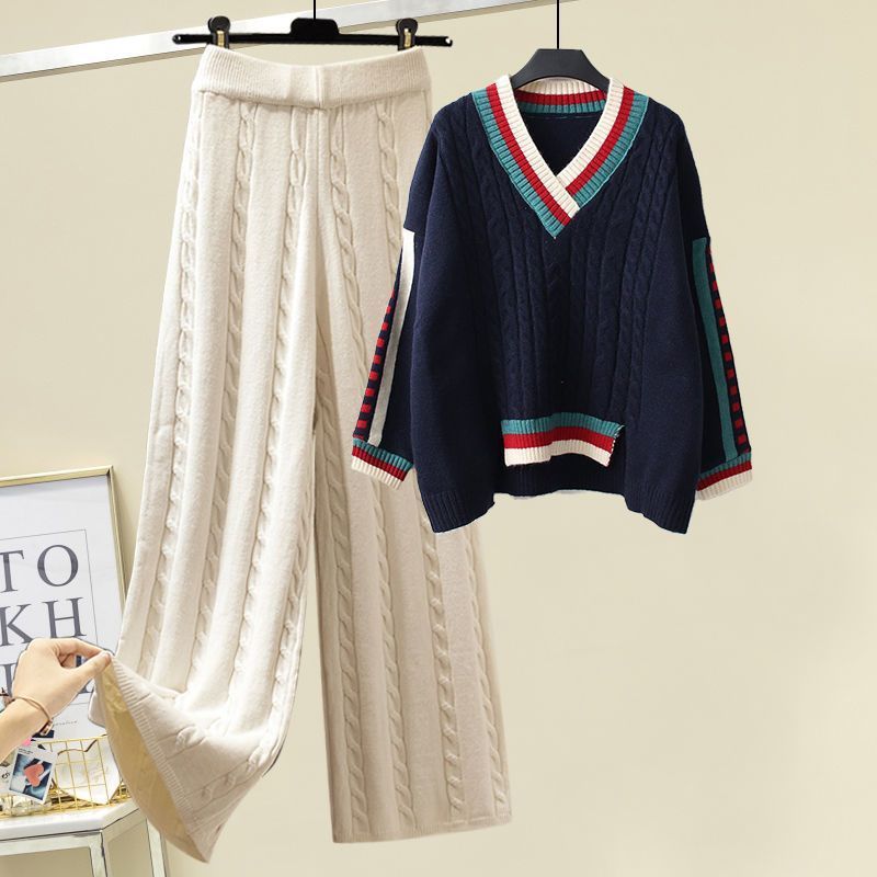 Îmbrăcăminte pentru femei Costume de toamnă și iarnă pentru femei de mărime mare, îmbrăcăminte exterioară de stil nou, vestă îngroșată, pulover tricotat, pantaloni largi, costum trei piese_voghion.com