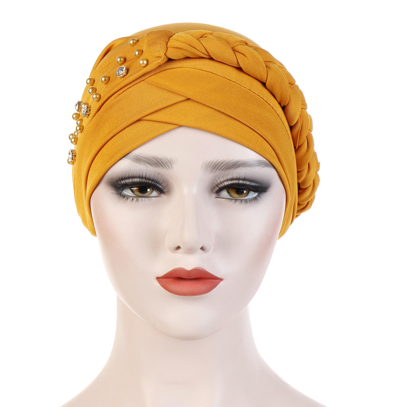 New Spring and Autumn Style Muslim Baotou Hat Monochrome Single Strip Single Side Beads Drill Whip Turban Hat_voghion.com