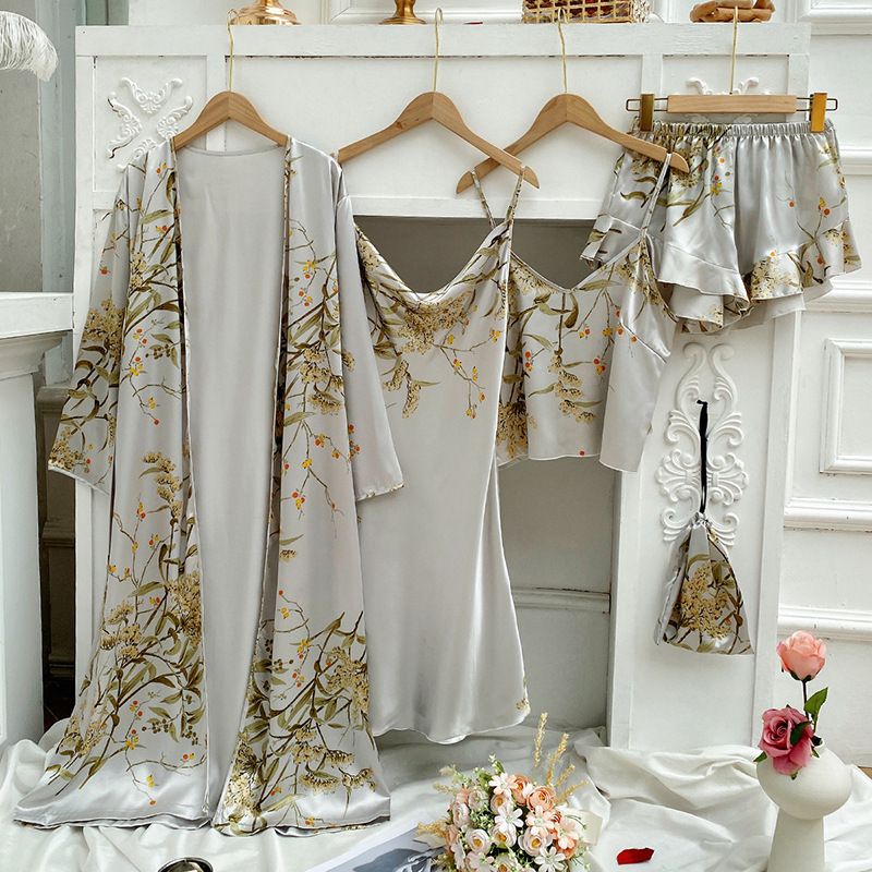 Cross border printed cherry pajamas for women, simple silk home clothes, thin nightgown, ice silk suspender skirt, nightdress_voghion.com