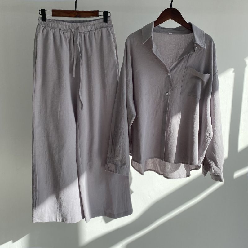 Women's spring and summer large size loose temperament leisure cotton and linen fashion solid color sports suit foreign trade wholesale_voghion.com