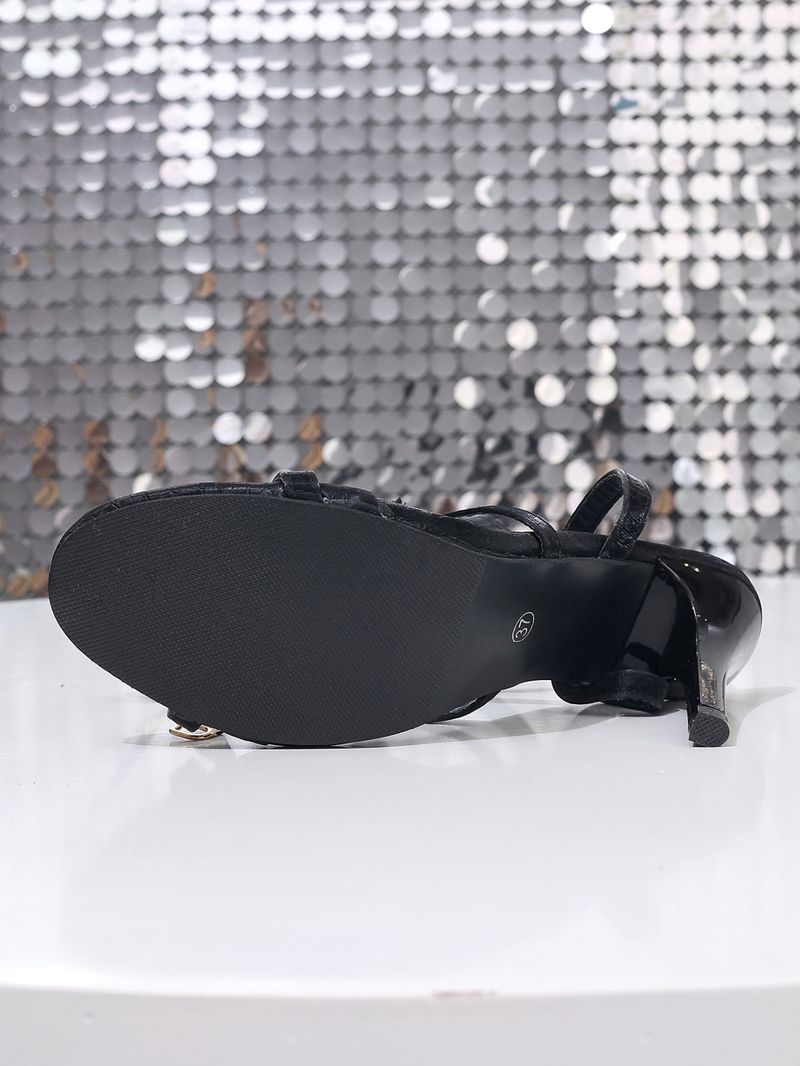 Novos sapatos de salto alto abertos femininos com strass e fivela de uma linha, sapatos femininos com salto fino, sandálias sensuais_voghion.com