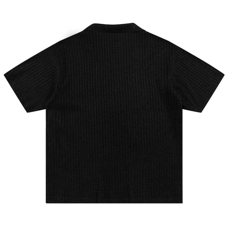 Ropa para hombre, camisa informal de verano con cuello cubano y rayas verticales de jacquard de color liso de moda urbana para hombre_voghion.com