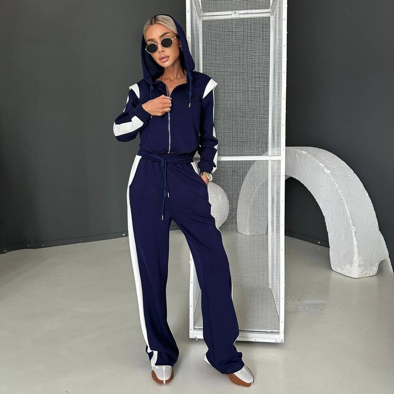 Dameklær sidestripet sweatshirt med hette med glidelås Sportsdress Mote Street Sports Uformelt buksedress_voghion.com