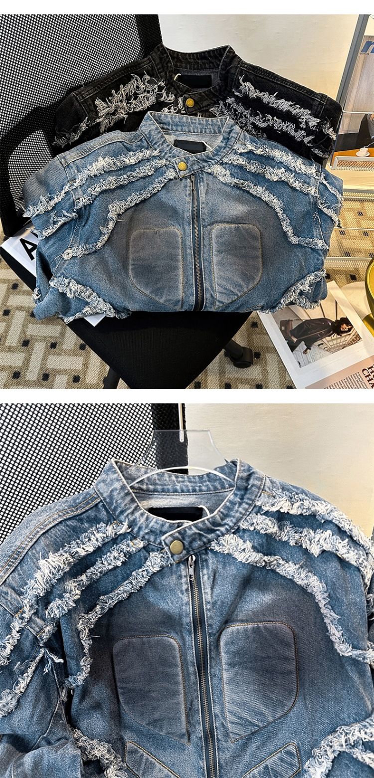Herren-Jeansjacke im Used-Look mit Stickereien und Schulterpolstern – Bikermantel im Retro-Stil für Herren, locker sitzende Freizeit-Oberbekleidung mit Stehkragen_voghion.com