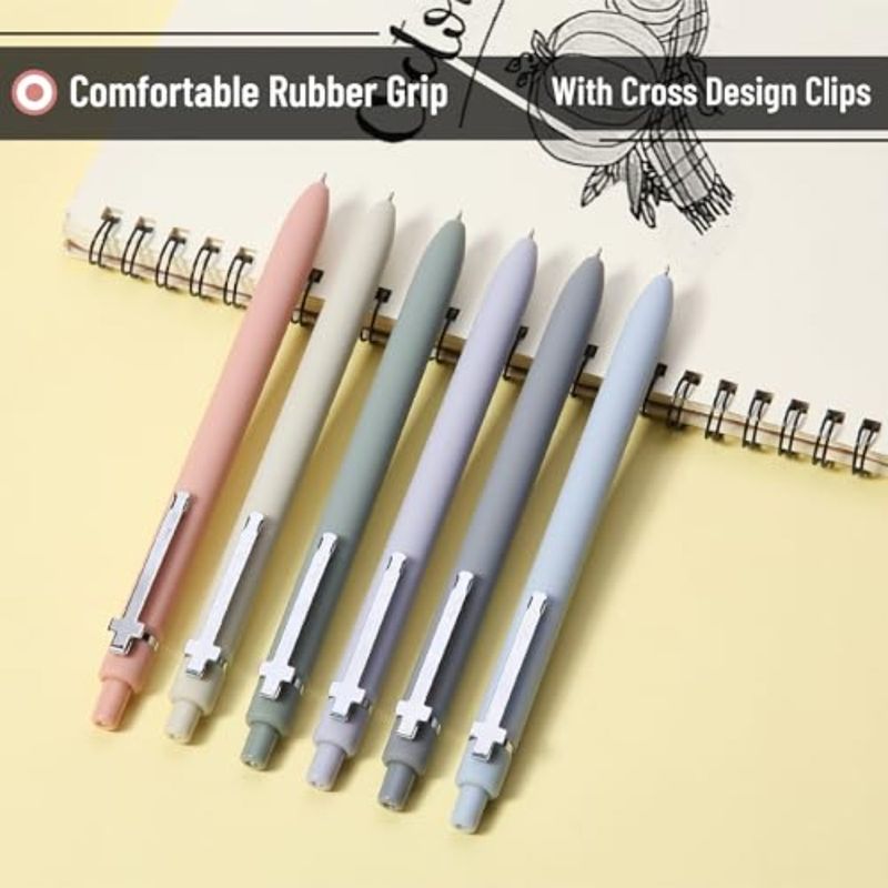 Penna per journaling biblico, confezione da 6, penne gel retrattili con inchiostro nero da 0,5 mm, per journaling, fusto Morandi con clip a croce argentata liscia_voghion.com