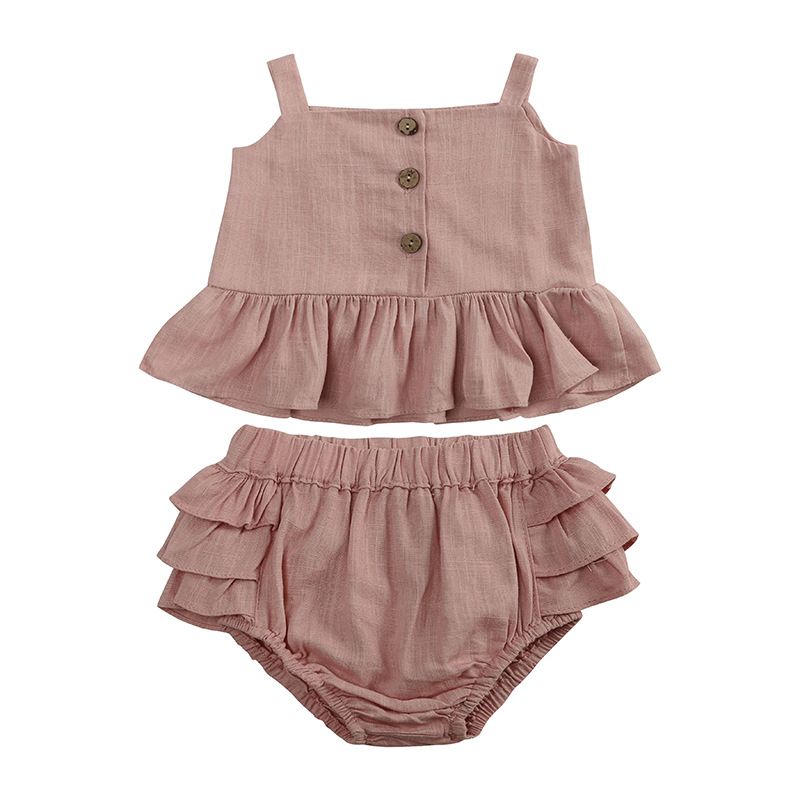 Kinderkleding Meisjespakken Zomer Nieuwe Versie Babymeisje Vierhoek Ruffle Broek Mouwloze Tops Twee Stukken_voghion.com