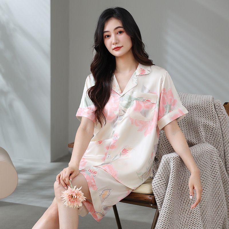 Pyjama d'été pour femme, short à manches courtes en satin glacé, sensation de soie, revers fin et frais, ensemble de vêtements d'intérieur_voghion.com