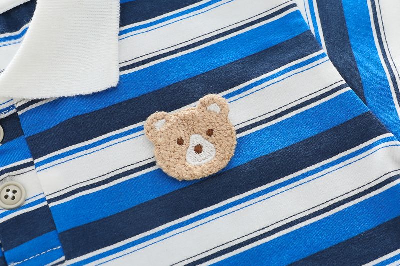 Children's Striped Embroidered Teddy Bear Short Sleeved Set, Trendy 1-4 Year Old New 2024 Summer Boys' Clothing_voghion.com